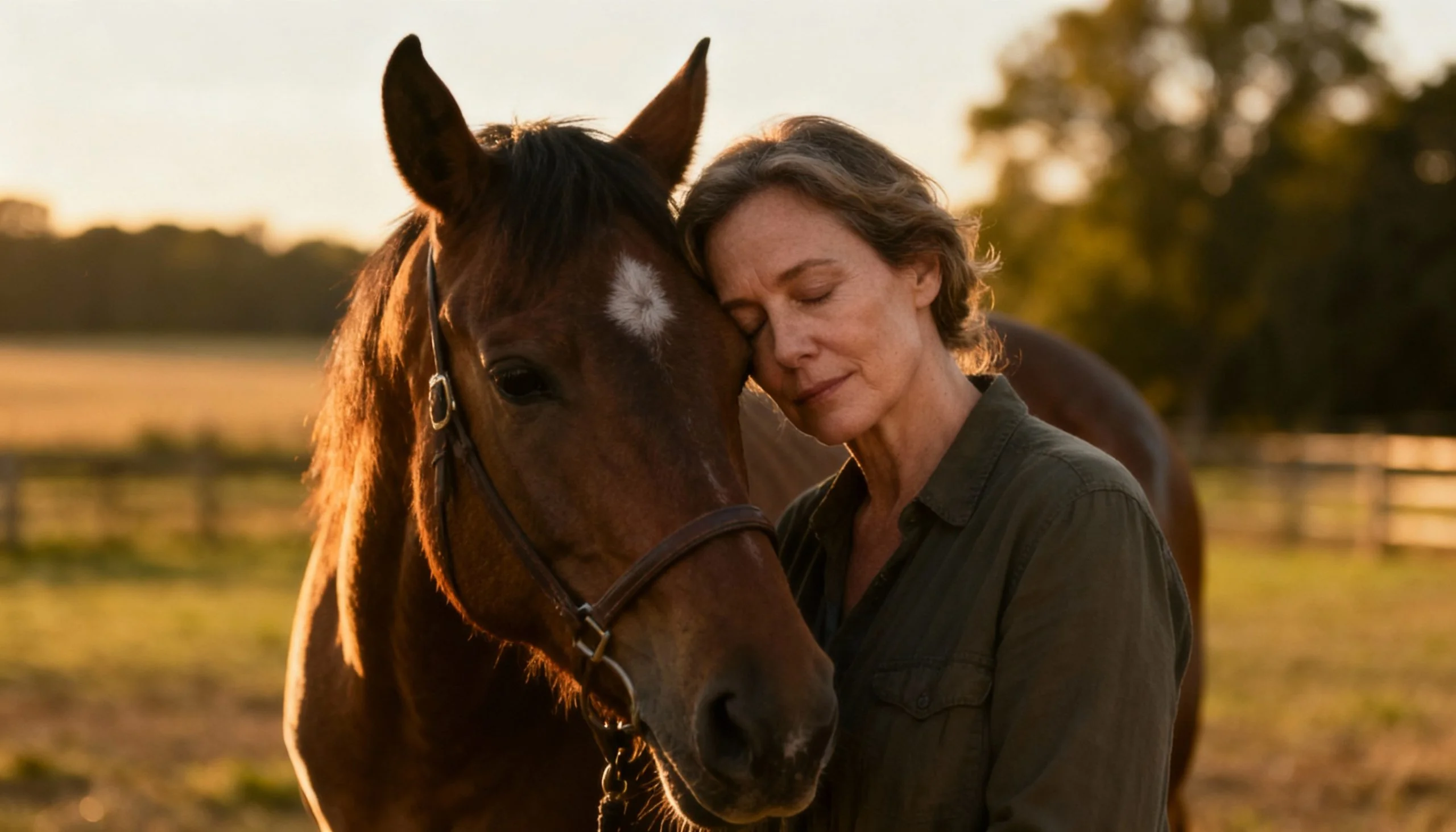 A person finding calm beside a horse in the Tuscan hills