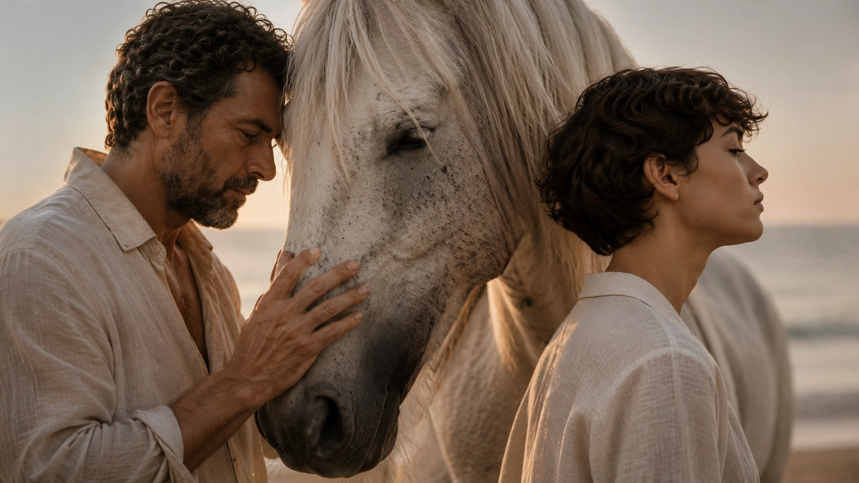 A father and his grown son beside a horse by the sea at dusk in Tuscany A father and his grown son beside a horse by the sea at dusk in Tuscany