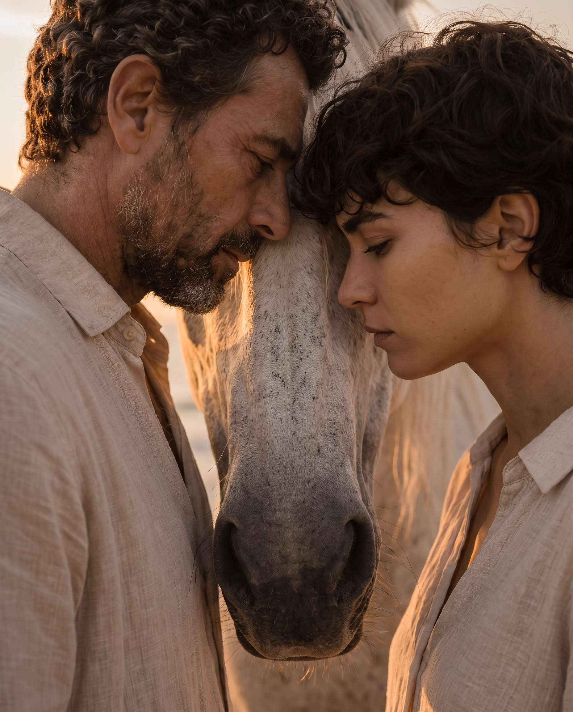 A father and his son sharing a moment with a horse at sunset, a Daimon experience in Tuscany A father and his son sharing a moment with a horse at sunset, a Daimon experience in Tuscany