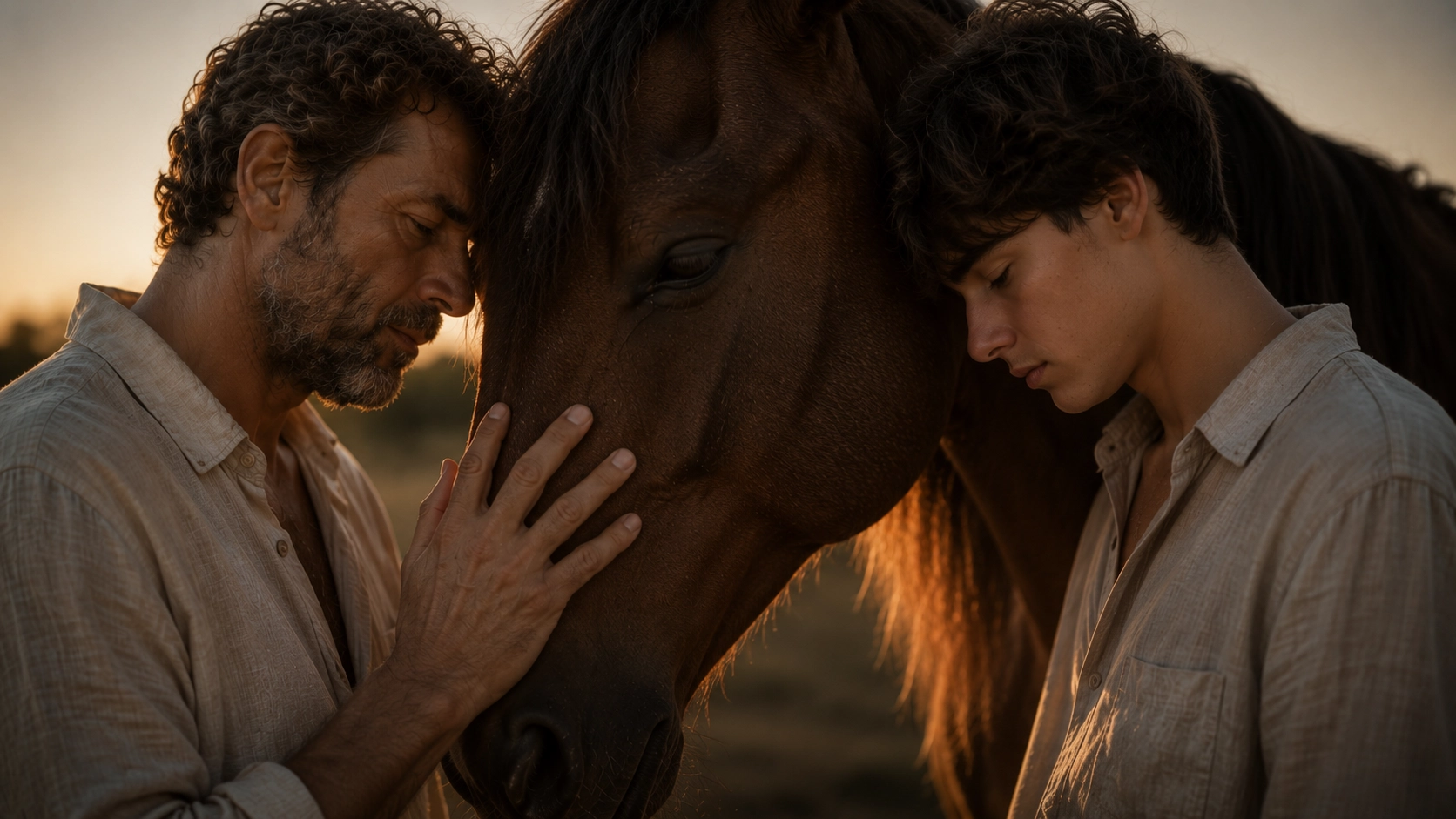 A father and his son with a horse in the Tuscan hills, beginning to reconnect A father and his son with a horse in the Tuscan hills, beginning to reconnect