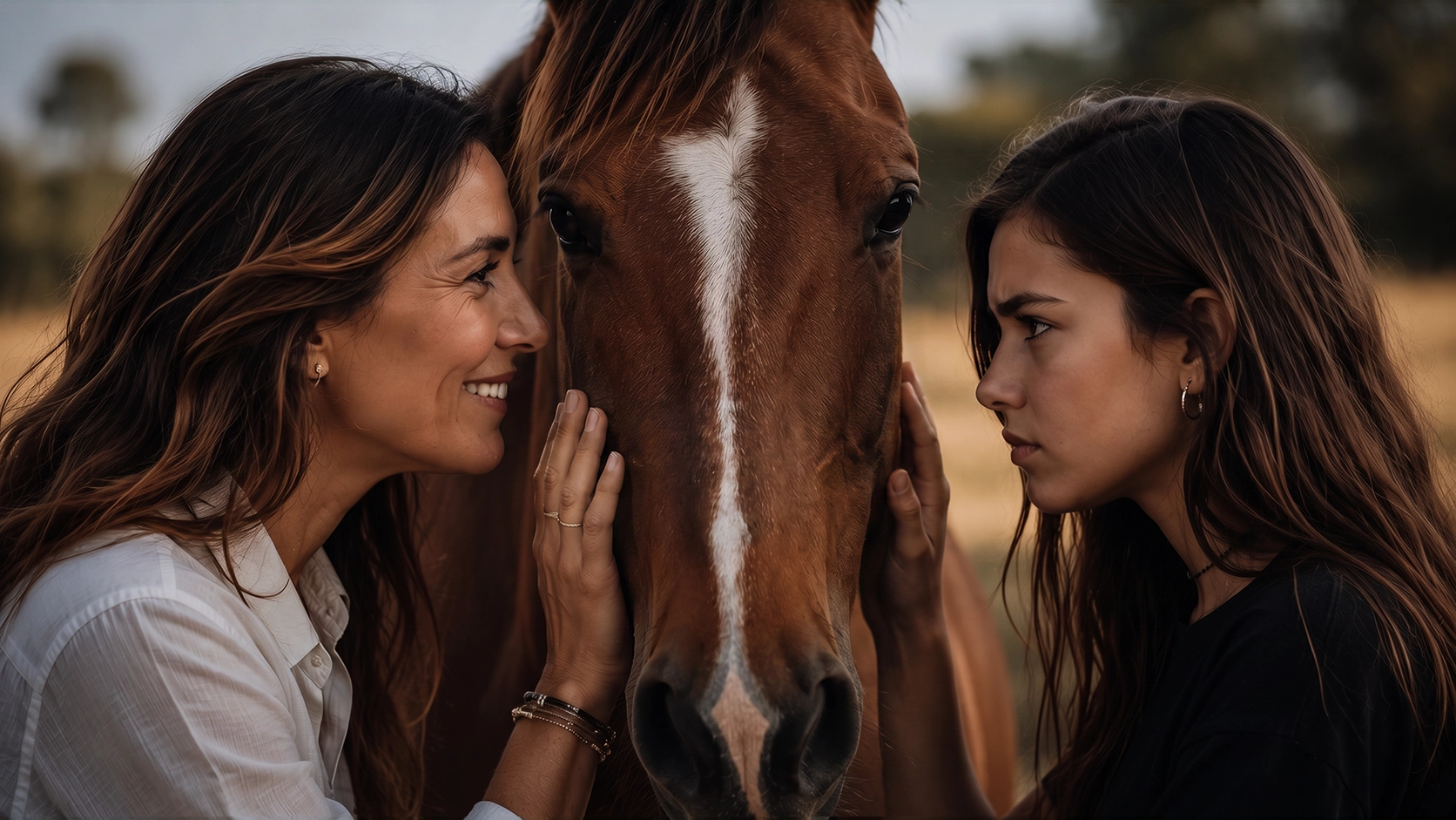A smiling mother and her teenage daughter either side of a bay horse in a Tuscan field