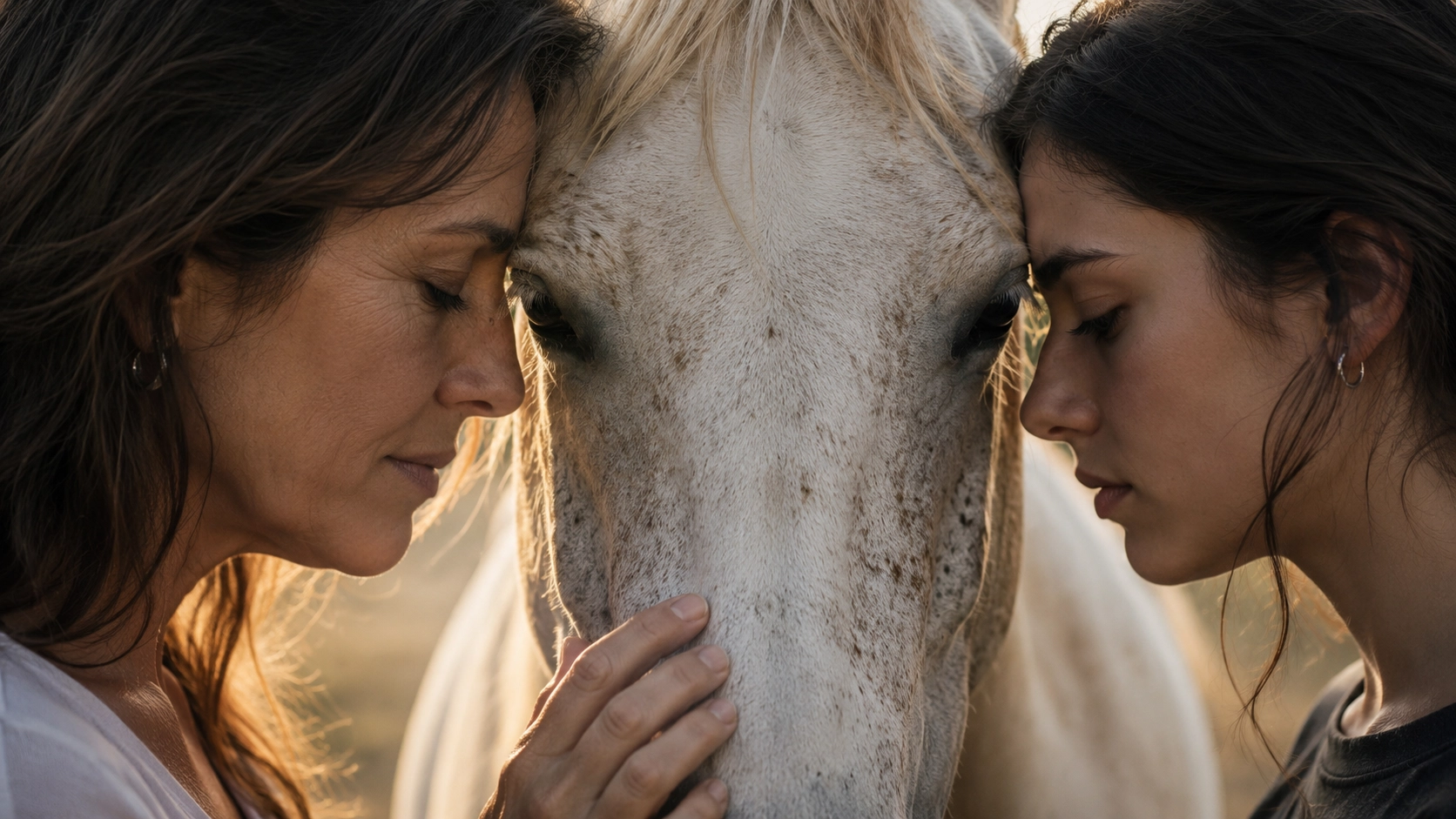 A mother and daughter resting their foreheads against a white horse at golden hour in Tuscany