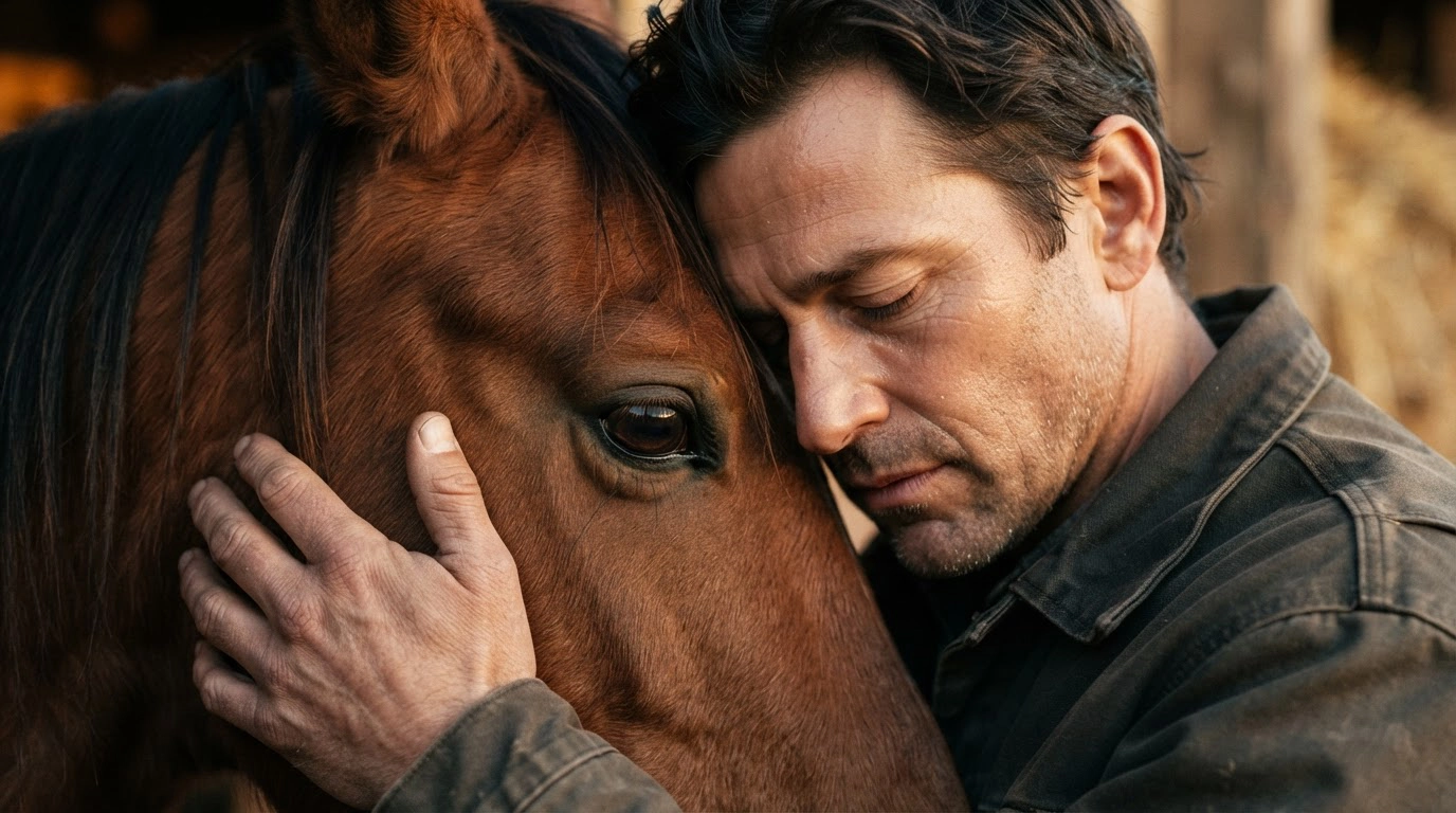 A man resting his forehead against a horse with his eyes closed, a Daimon experience in Tuscany A man resting his forehead against a horse with his eyes closed, a Daimon experience in Tuscany