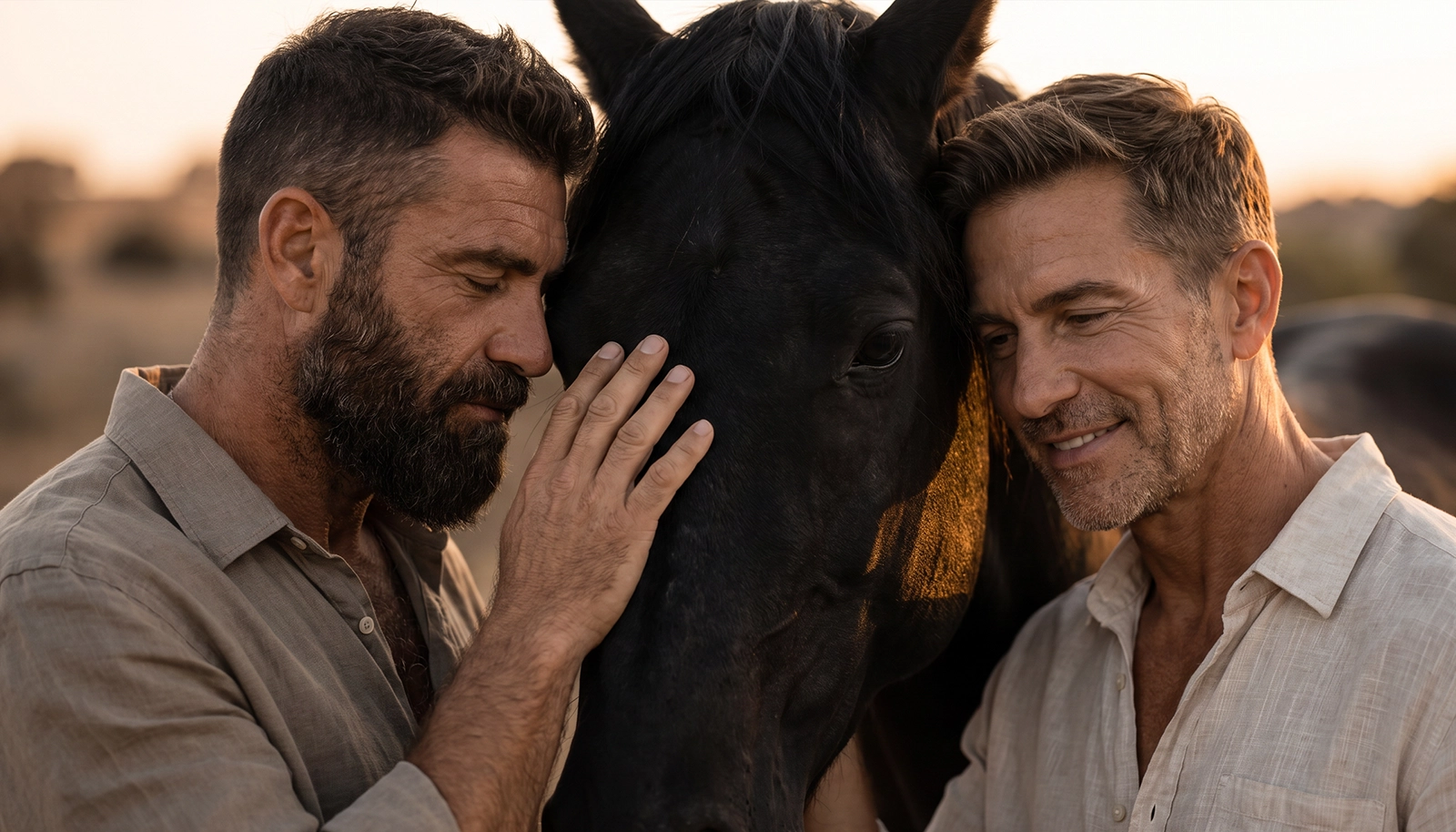 Two men connecting with a horse at Alterreno in Tuscany, a Daimon Couples experience