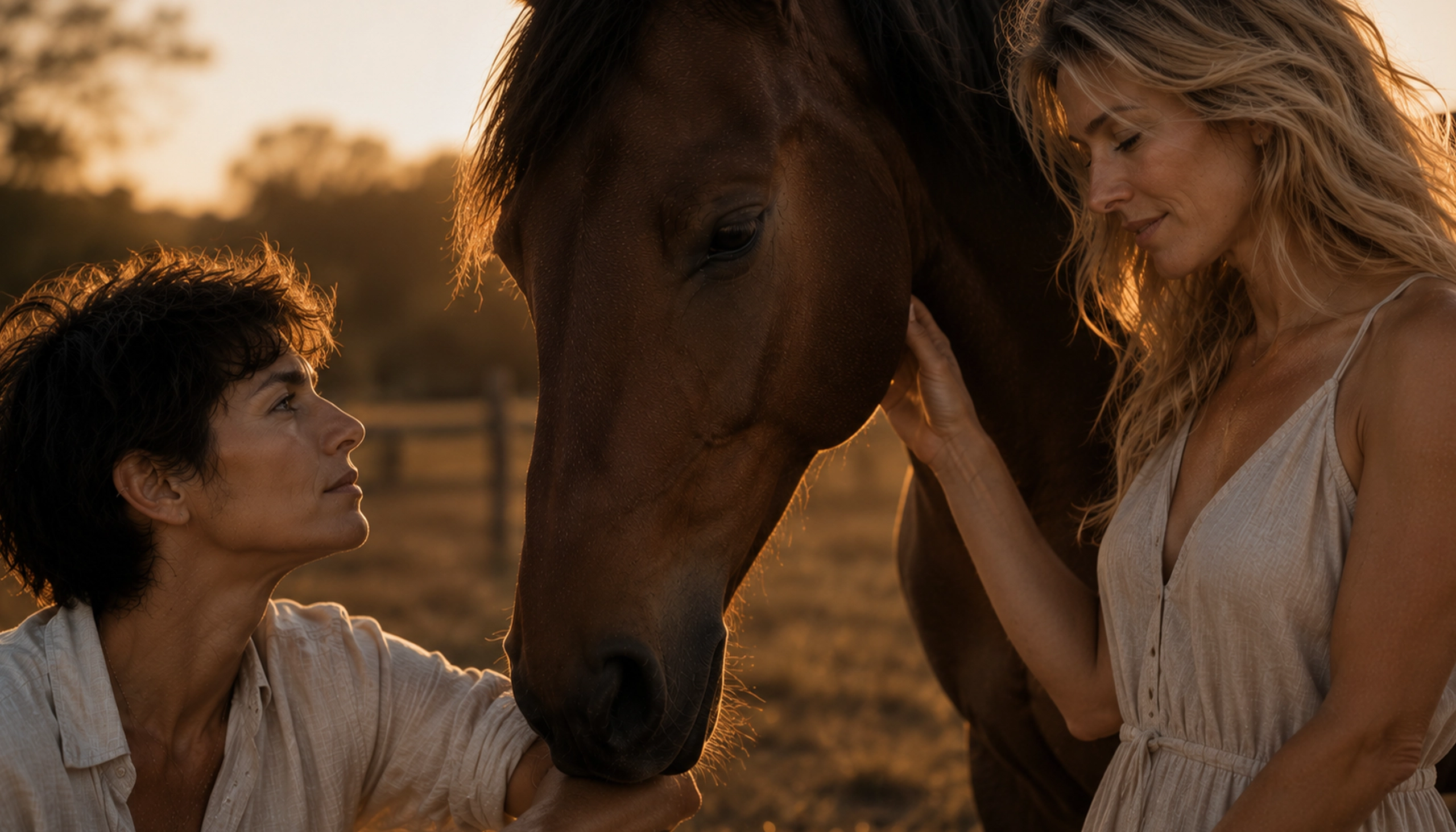 Two women sharing a moment with a horse in the Tuscan hills, what your gift will give them