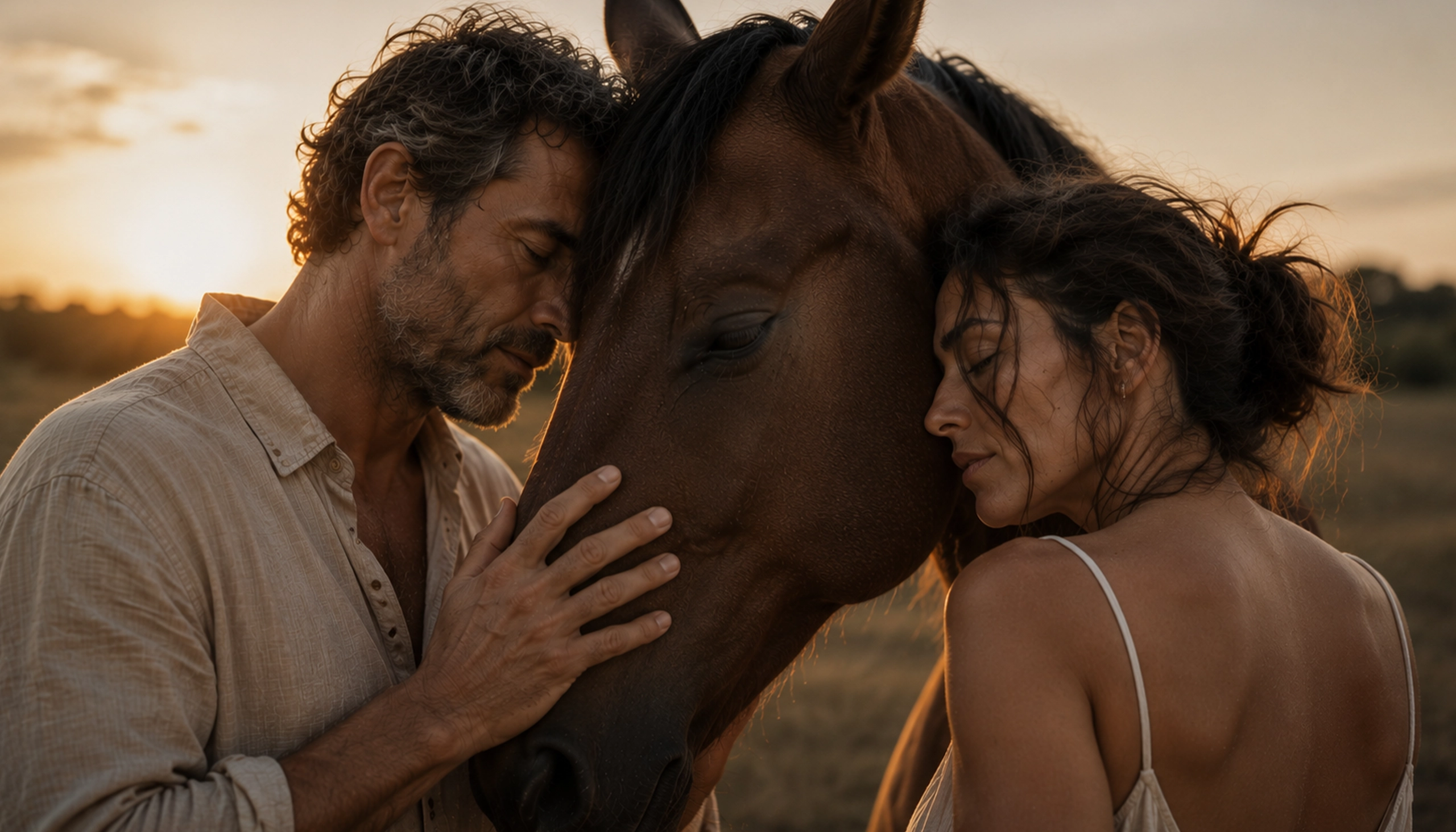 A couple sharing a tender moment with a horse in the Tuscan hills, the Daimon Couples experience