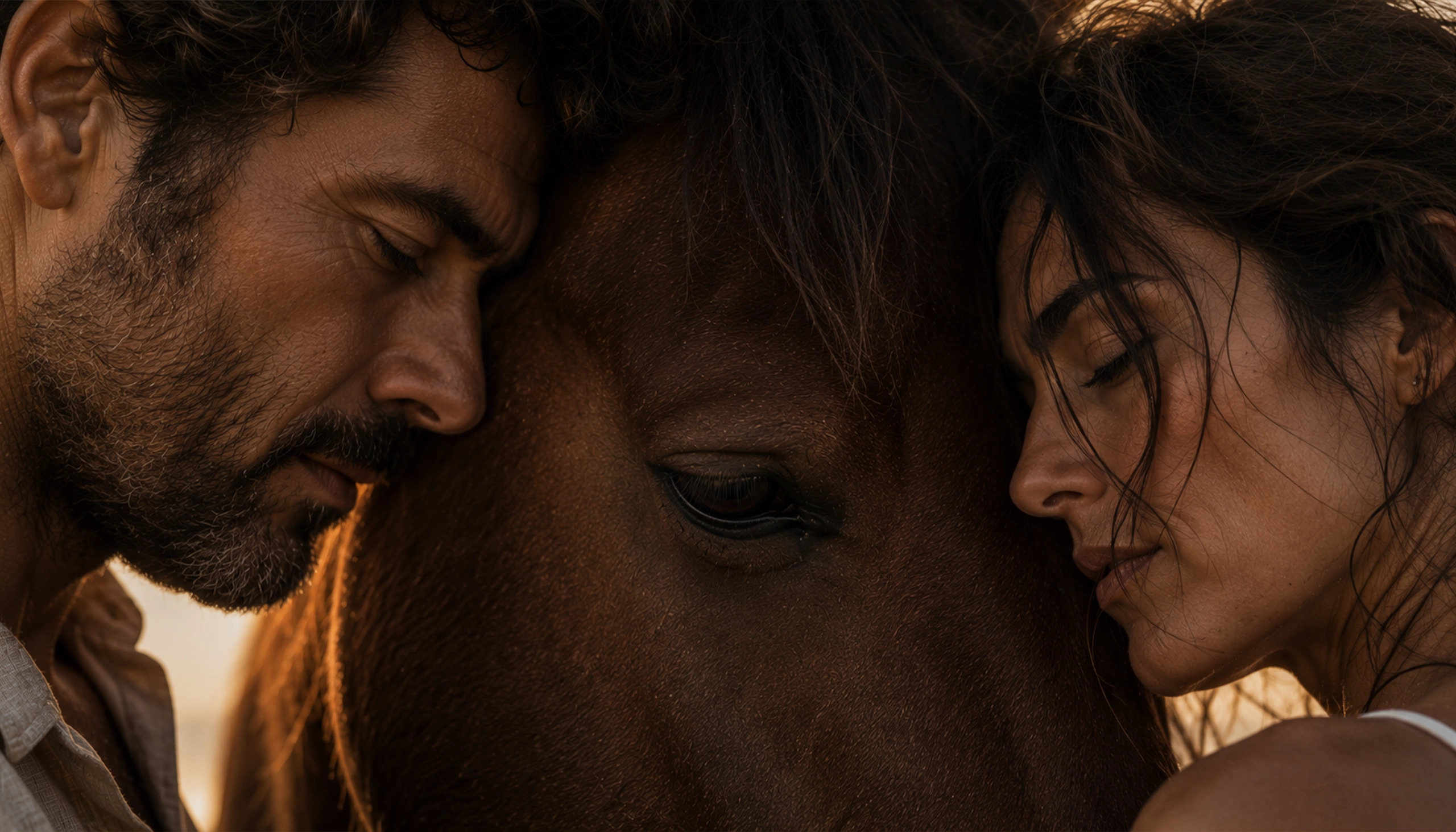 A couple with a horse at golden hour in Tuscany, an experience they’ll carry together