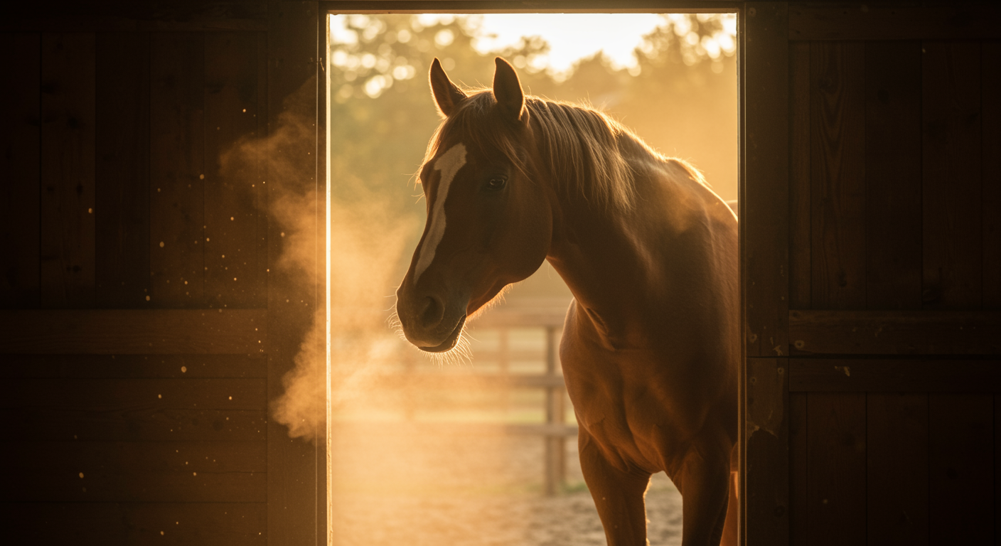 A horse standing calmly at golden hour at Alterreno in Tuscany