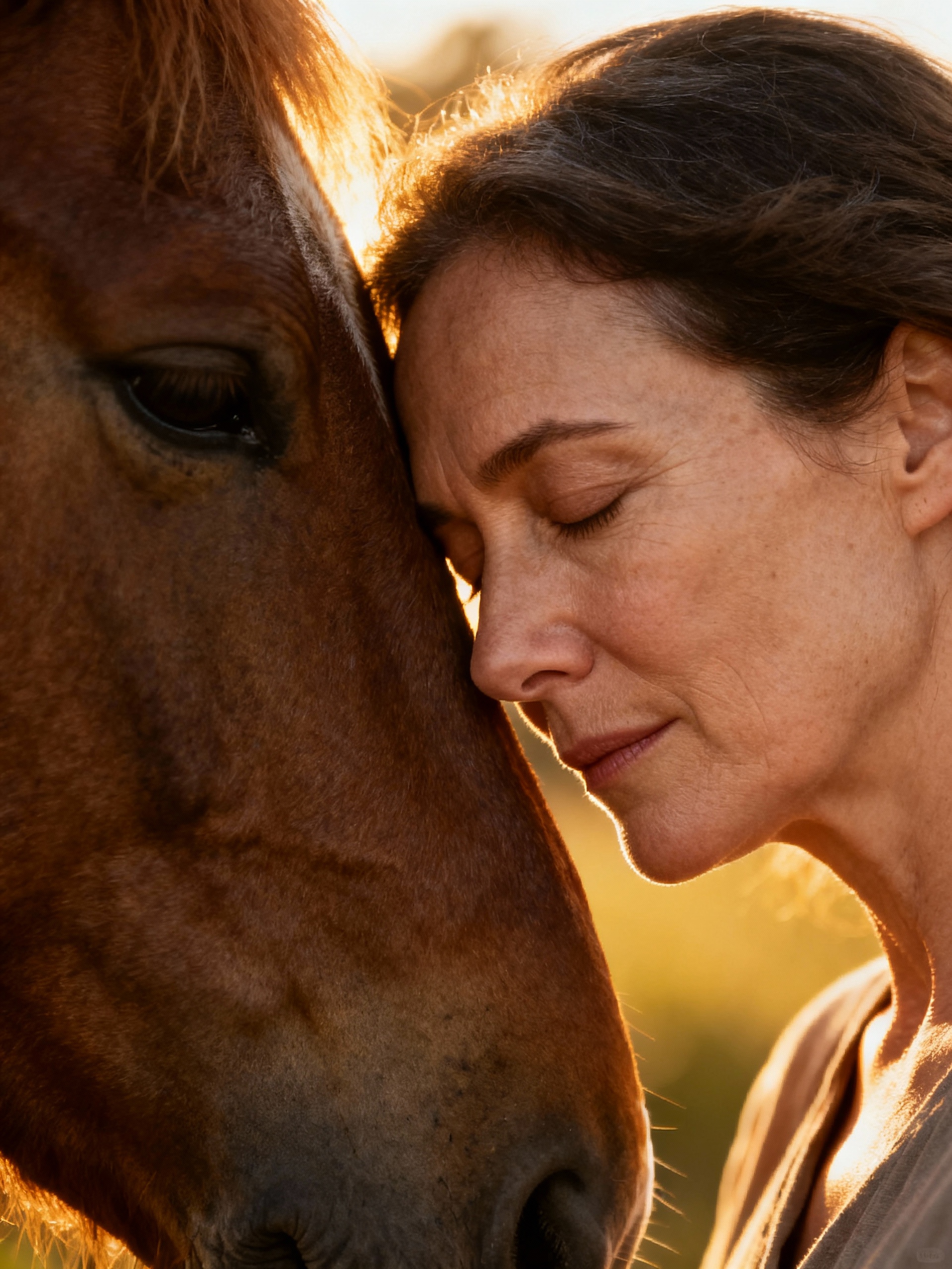 A quiet, emotional encounter between a person and a horse at golden hour in Tuscany A quiet, emotional encounter between a person and a horse at golden hour in Tuscany