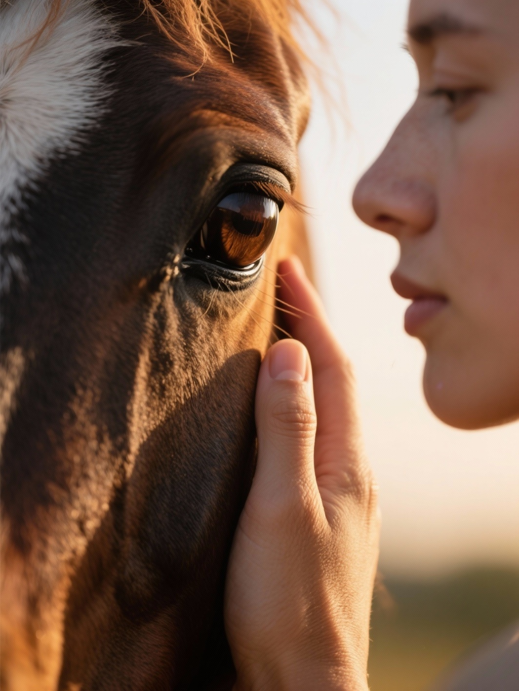 A hand resting on a grey horse's face, eye to eye, at dawn in Tuscany